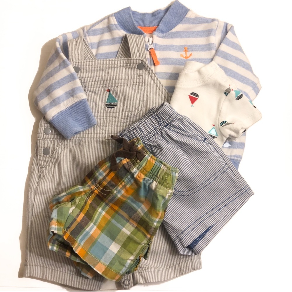 Boys 5 pc carters shorts, overalls, jacket,onesie